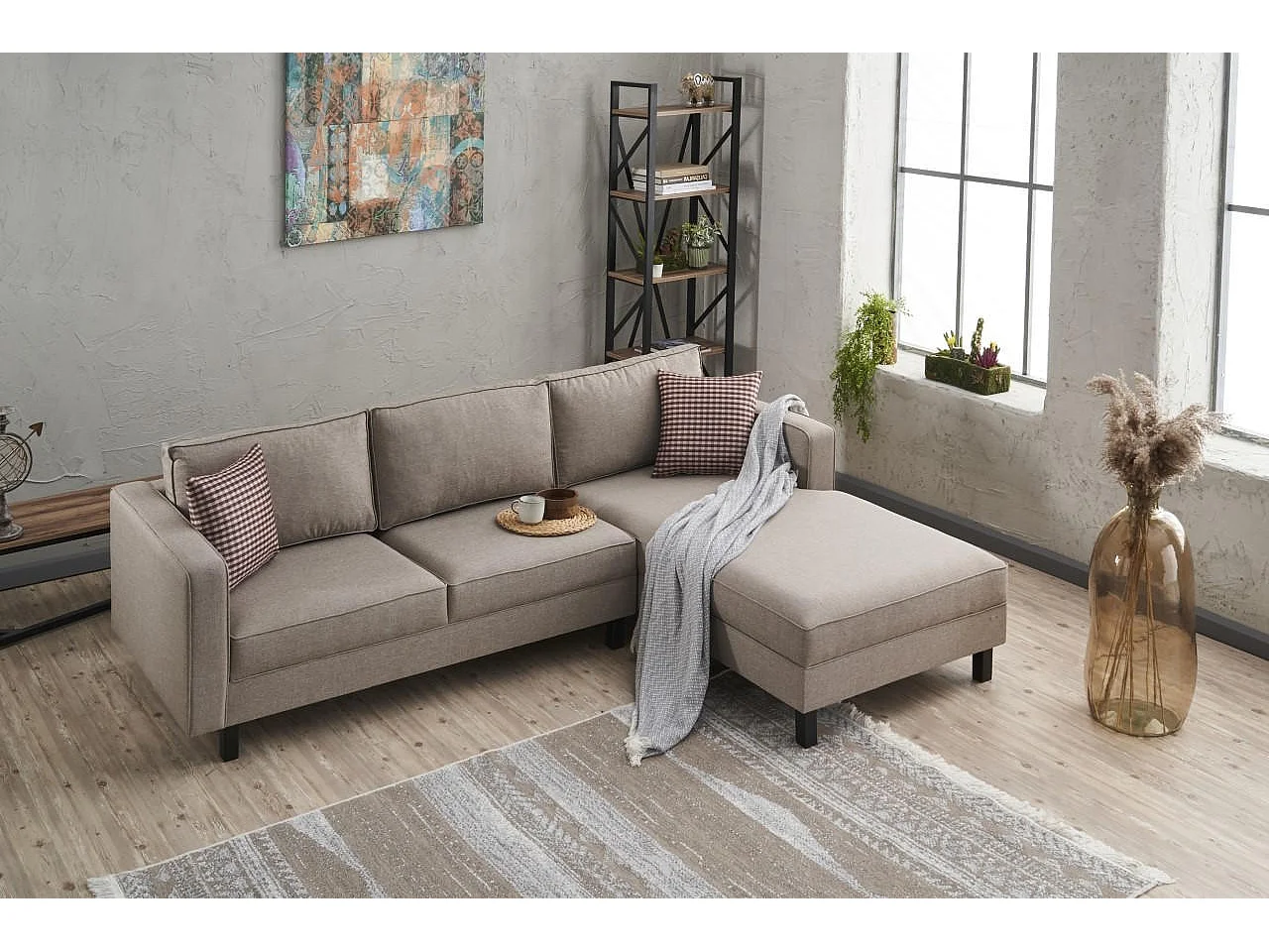 Kalena hoekbank van beige linnen stof 258 cm-juiste hoek