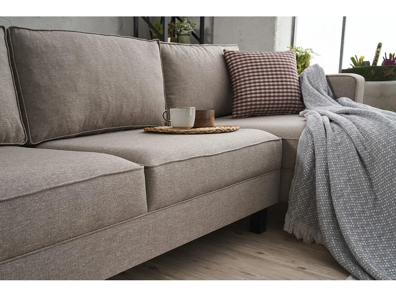 Kalena hoekbank van beige linnen stof 258 cm-juiste hoek