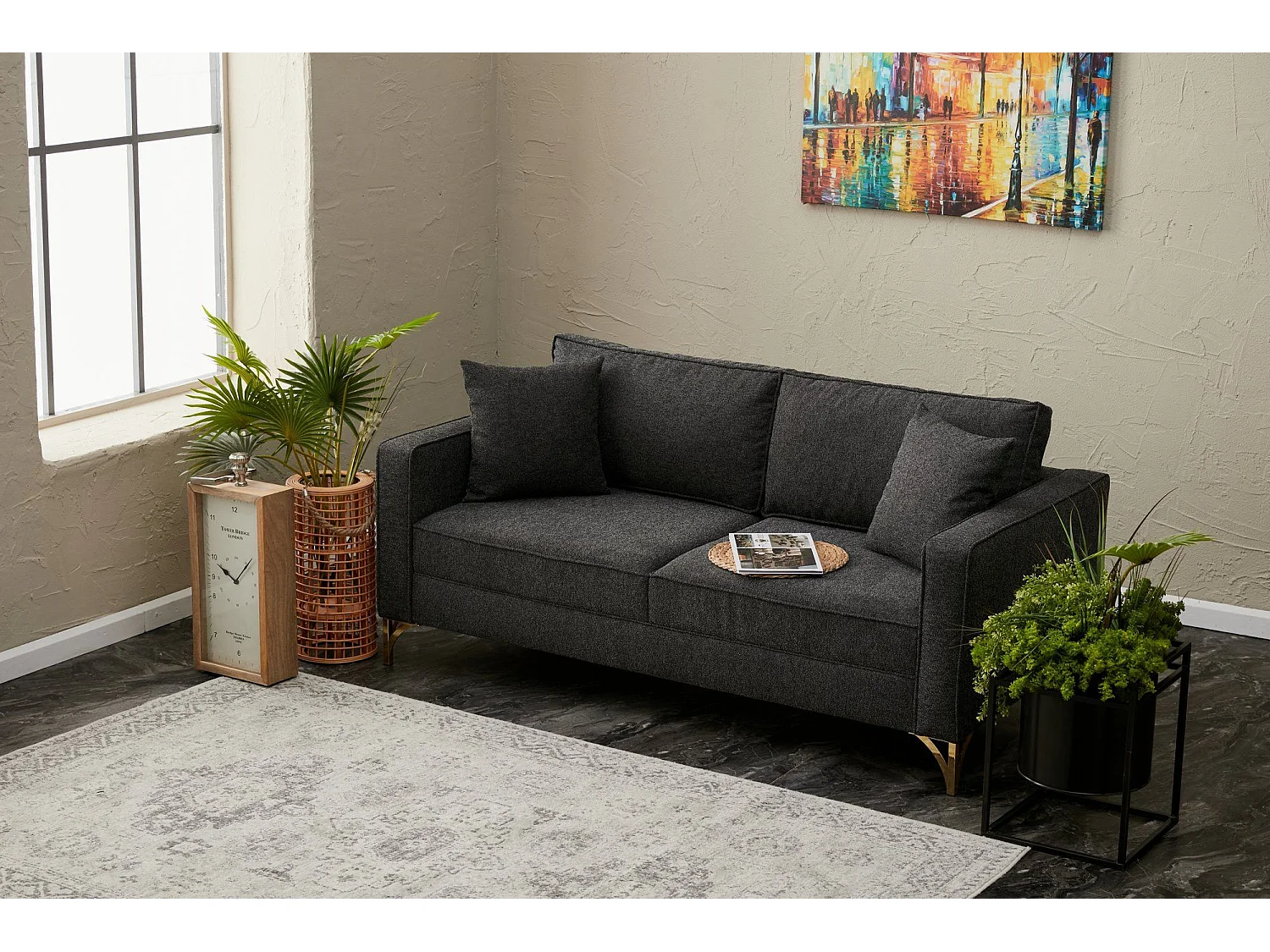 Canapé 2 places Barlino Tissu Anthracite pieds Or