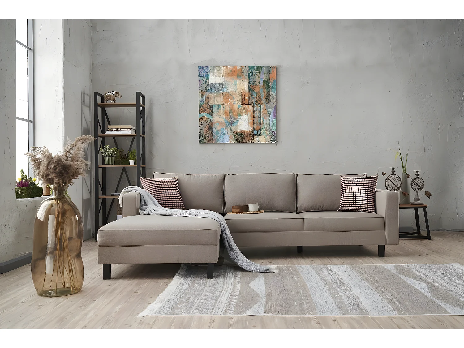 Kalena hoekbank van beige linnen stof 258 cm-linkerhoek