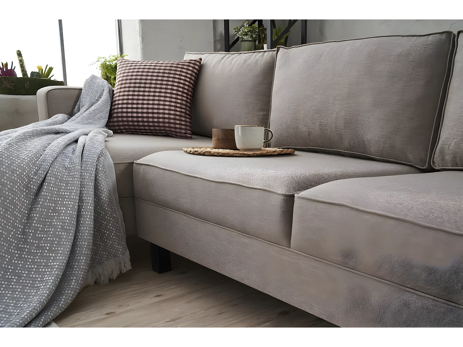 Kalena hoekbank van beige linnen stof 258 cm-linkerhoek