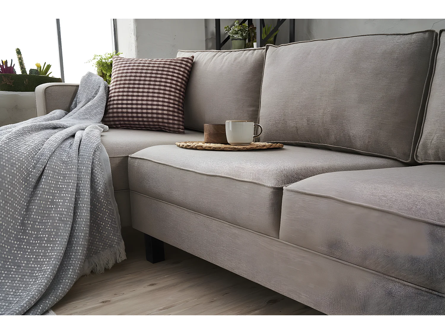 Kalena hoekbank van beige linnen stof 258 cm-linkerhoek