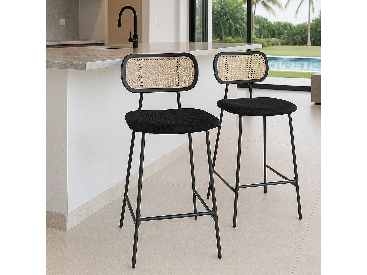 Now's Home - Lot De 2 Chaises De Bar En Bois Et Velours Noir