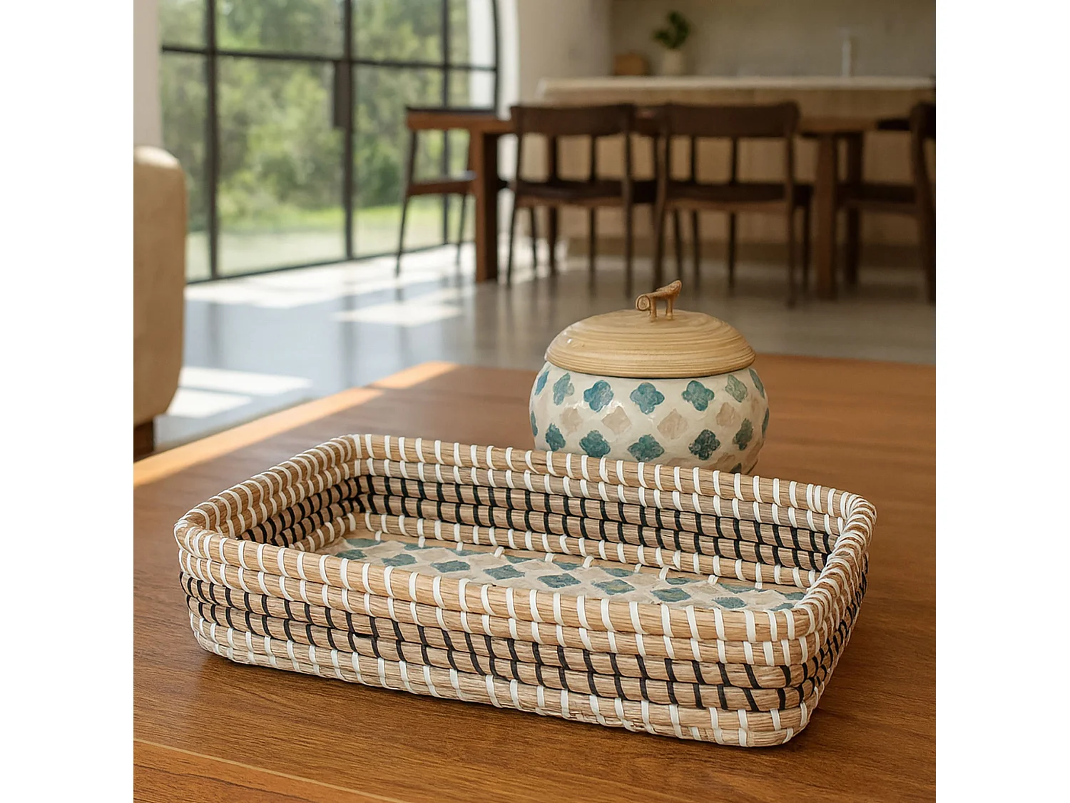 Now's Home - Plateau Rectangulaire En Jonc De Mer Et  Nacre 32x19cm Paros