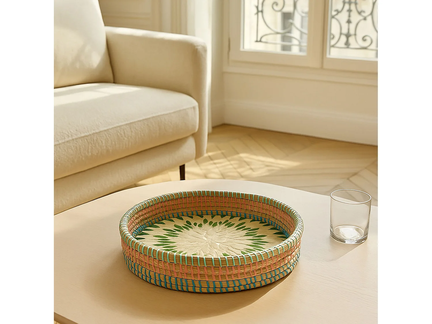 Now's Home - Plateau Rond En Jonc De Mer Et En Nacre D33xh6cm Paros