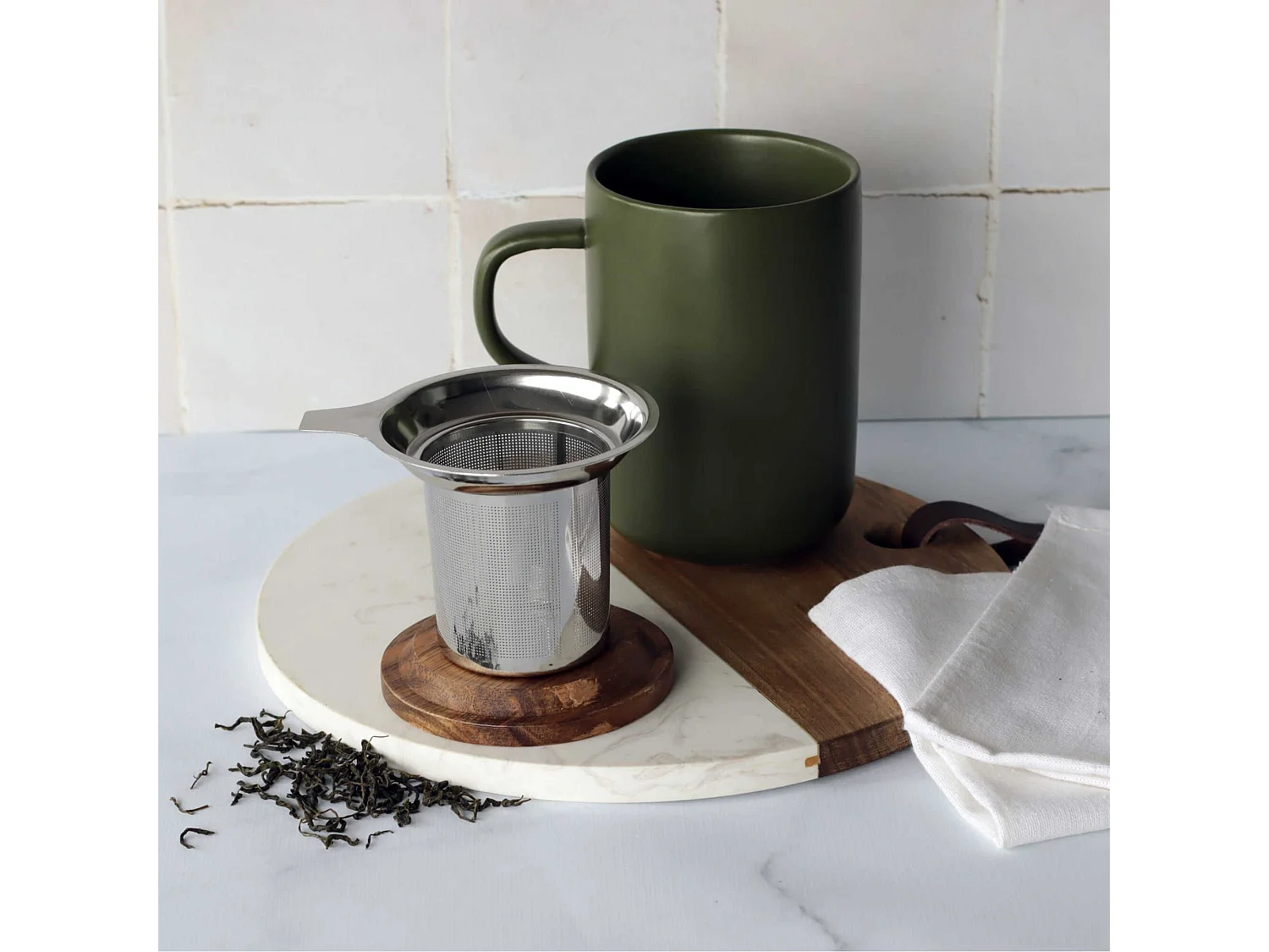 Ogo Living - Tisaniere Juliet Kaki En Gres Et Couvercle En Acacia De 475 Ml