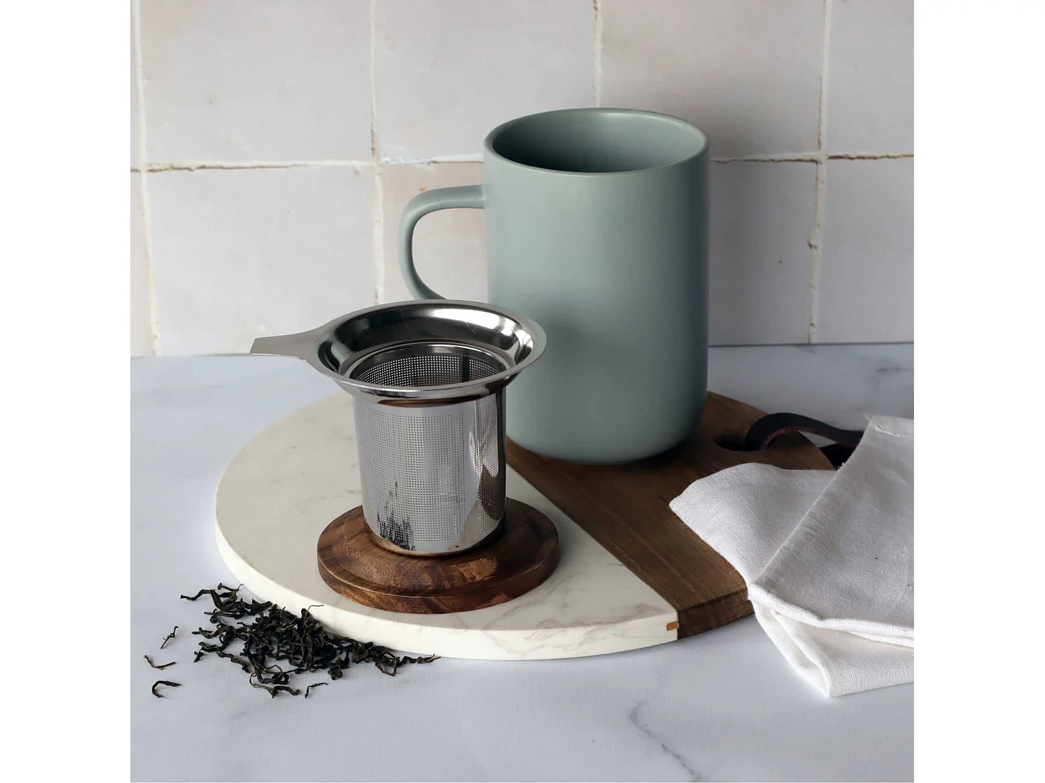 Ogo Juliet Perle Theemok van Steengoed met Acaciahouten Deksel, 475 ml