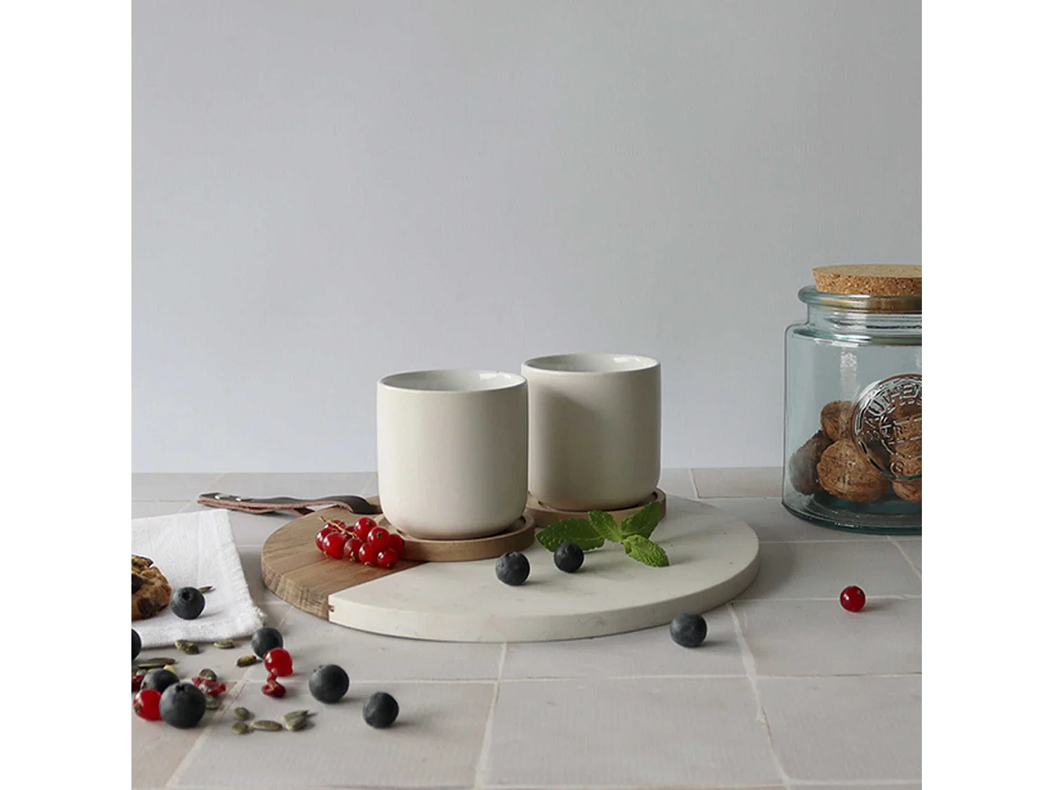 Ogo Living - Set 2 Tasses Enzo En Porcelaine Avec Support Acacia  25 Cl