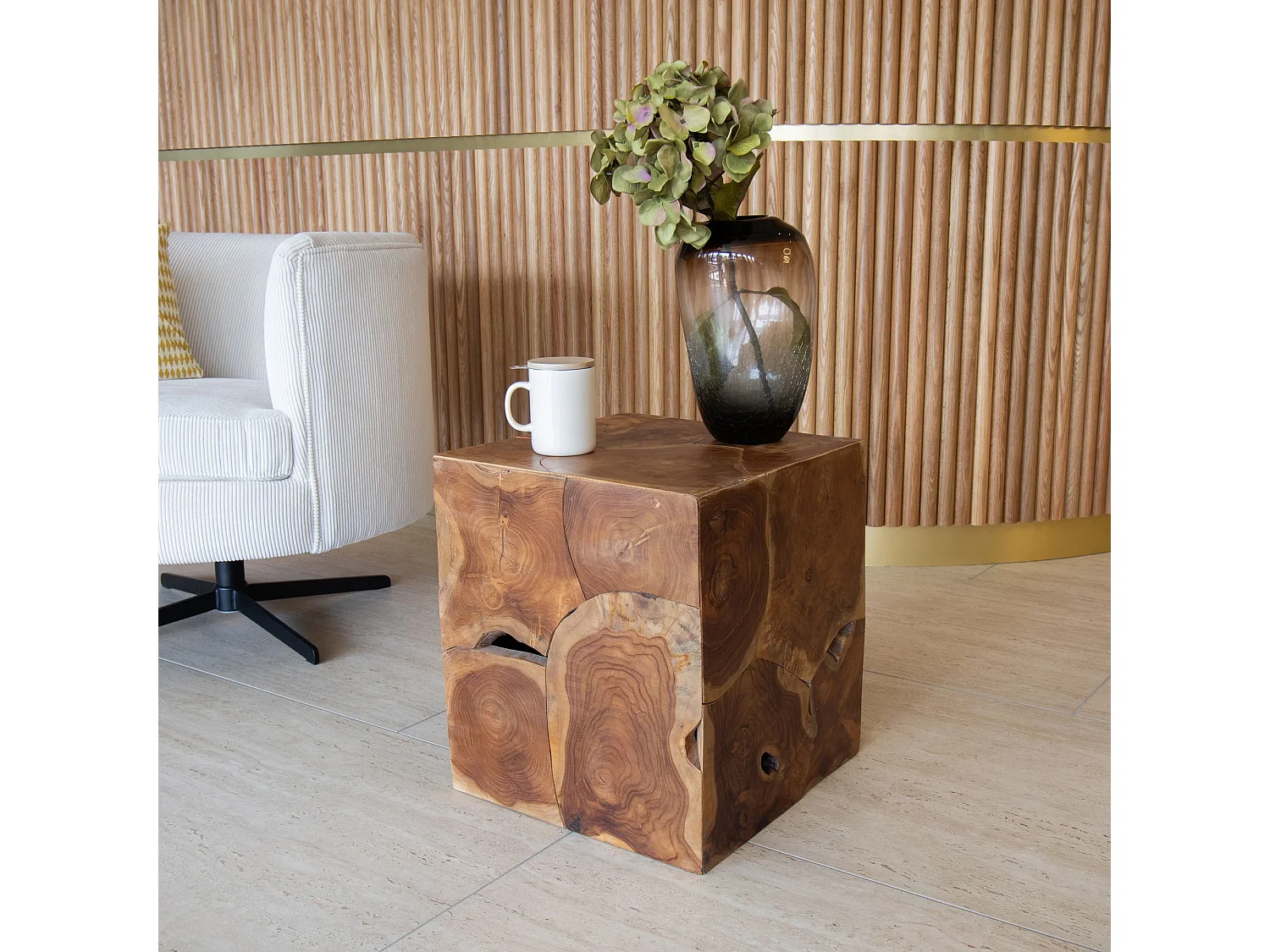 Now's Home - Meuble D'appoint En Racine De Teck Assemble 40x40x Ht45 Cm Solene