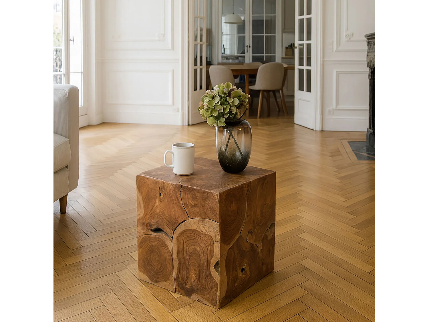 Now's Home - Meuble D'appoint En Racine De Teck Assemble 40x40x Ht45 Cm Solene