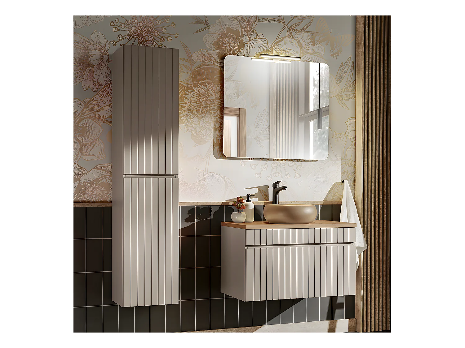 Ensemble meuble simple vasque 80cm et colonne Zelie Cachemire et Bois