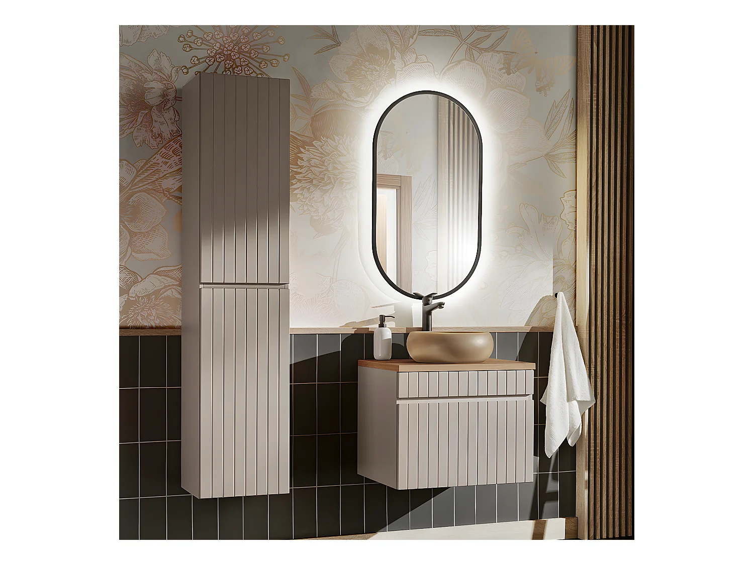 Ensemble meuble simple vasque 60cm et colonne Zelie Cachemire et Bois