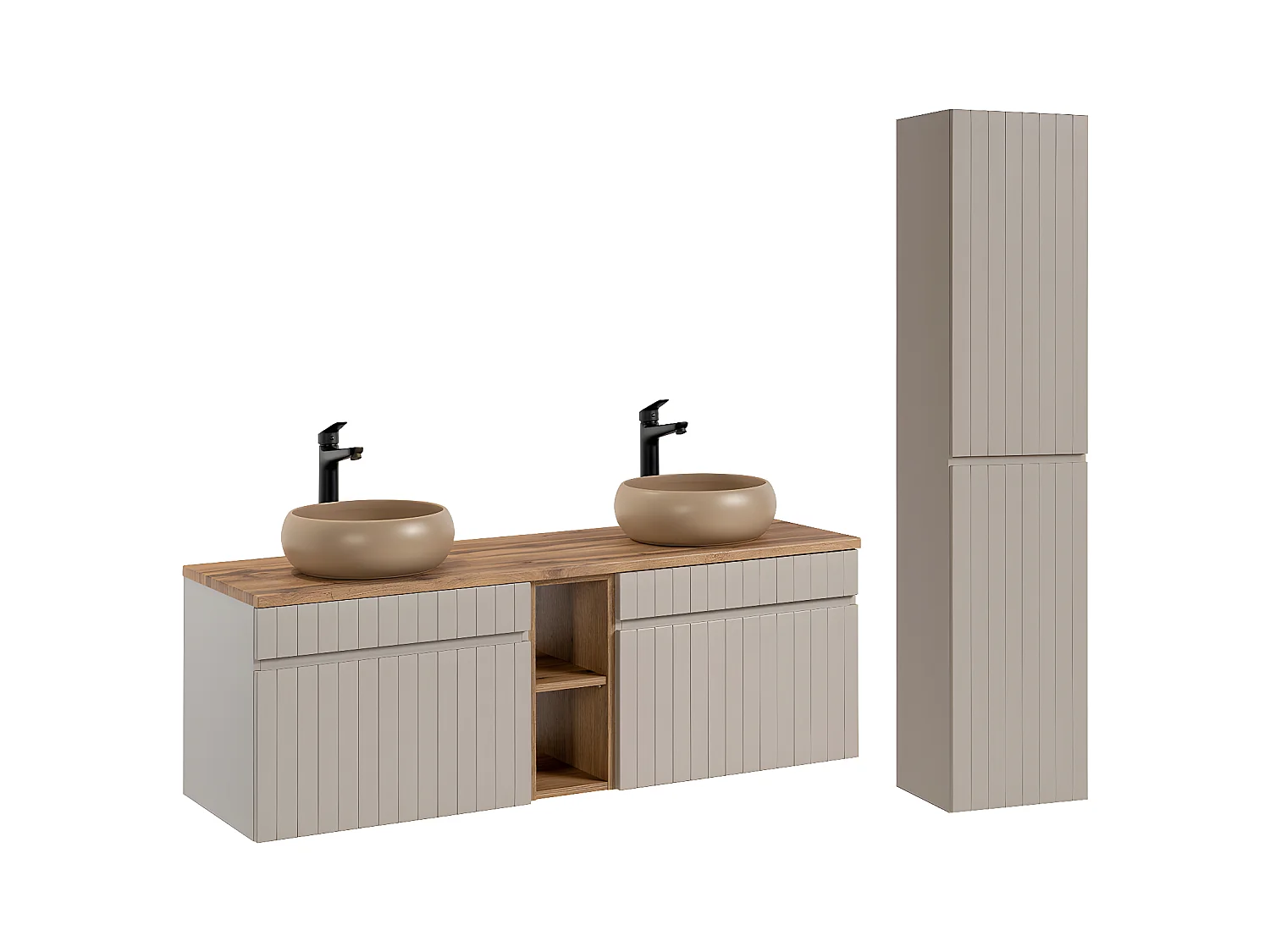 Ensemble meuble double vasque 140cm 2 niches et colonne Zelie Cachemire et Bois