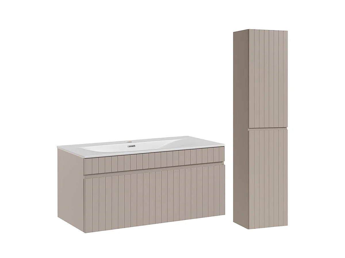 Ensemble meuble simple vasque encastrée 100cm et colonne Zelie Cachemire