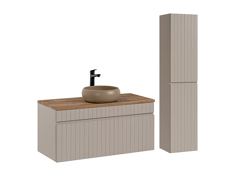 100cm enkele wastafel en Zelie kasjmier en hout hoge meubelset