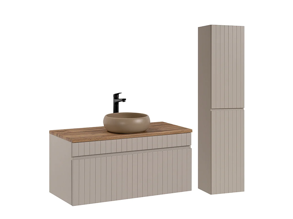 Ensemble meuble simple vasque 100cm et colonne Zelie Cachemire et Bois