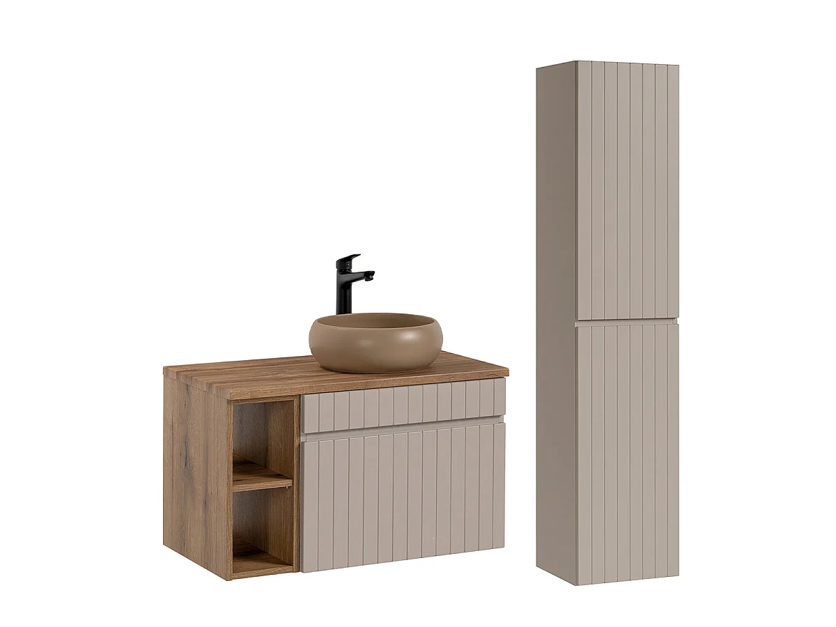 Ensemble meuble simple vasque 80cm 2 niches et colonne Zelie Cachemire et Bois