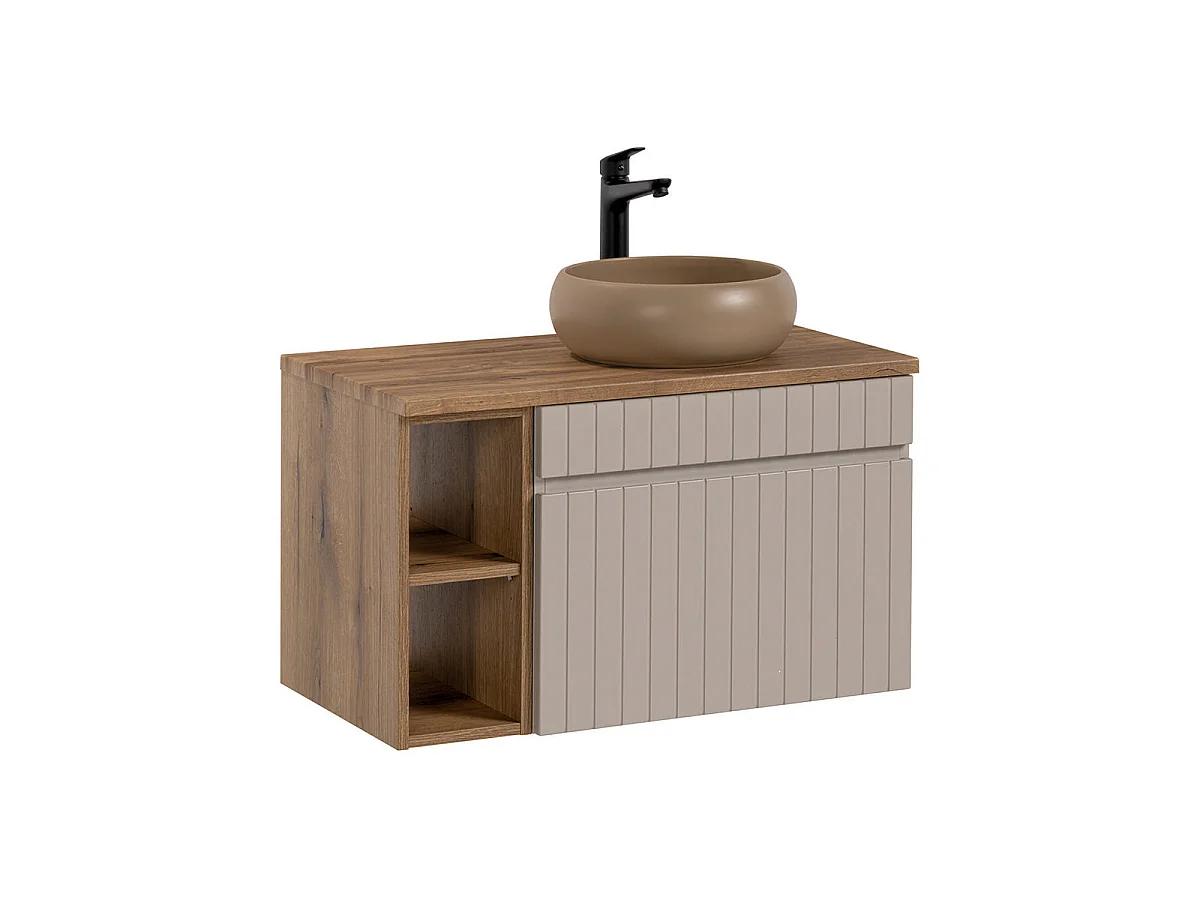 Ensemble meuble simple vasque 80cm 2 niches et colonne Zelie Cachemire et Bois