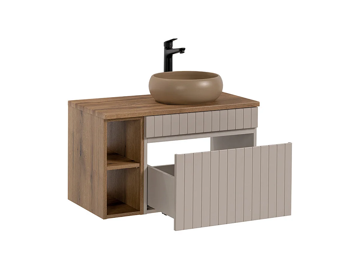 Ensemble meuble simple vasque 80cm 2 niches et colonne Zelie Cachemire et Bois