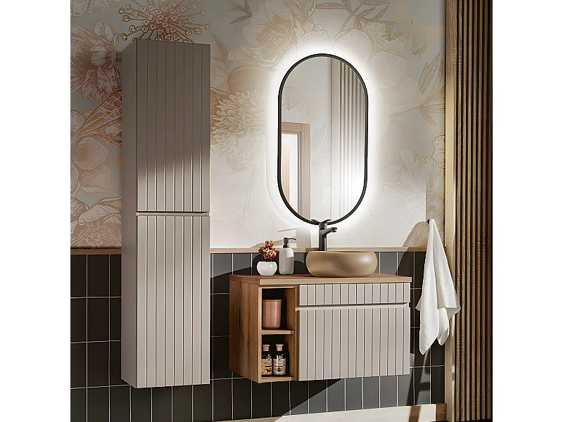 Ensemble meuble simple vasque 80cm 2 niches et colonne Zelie Cachemire et Bois