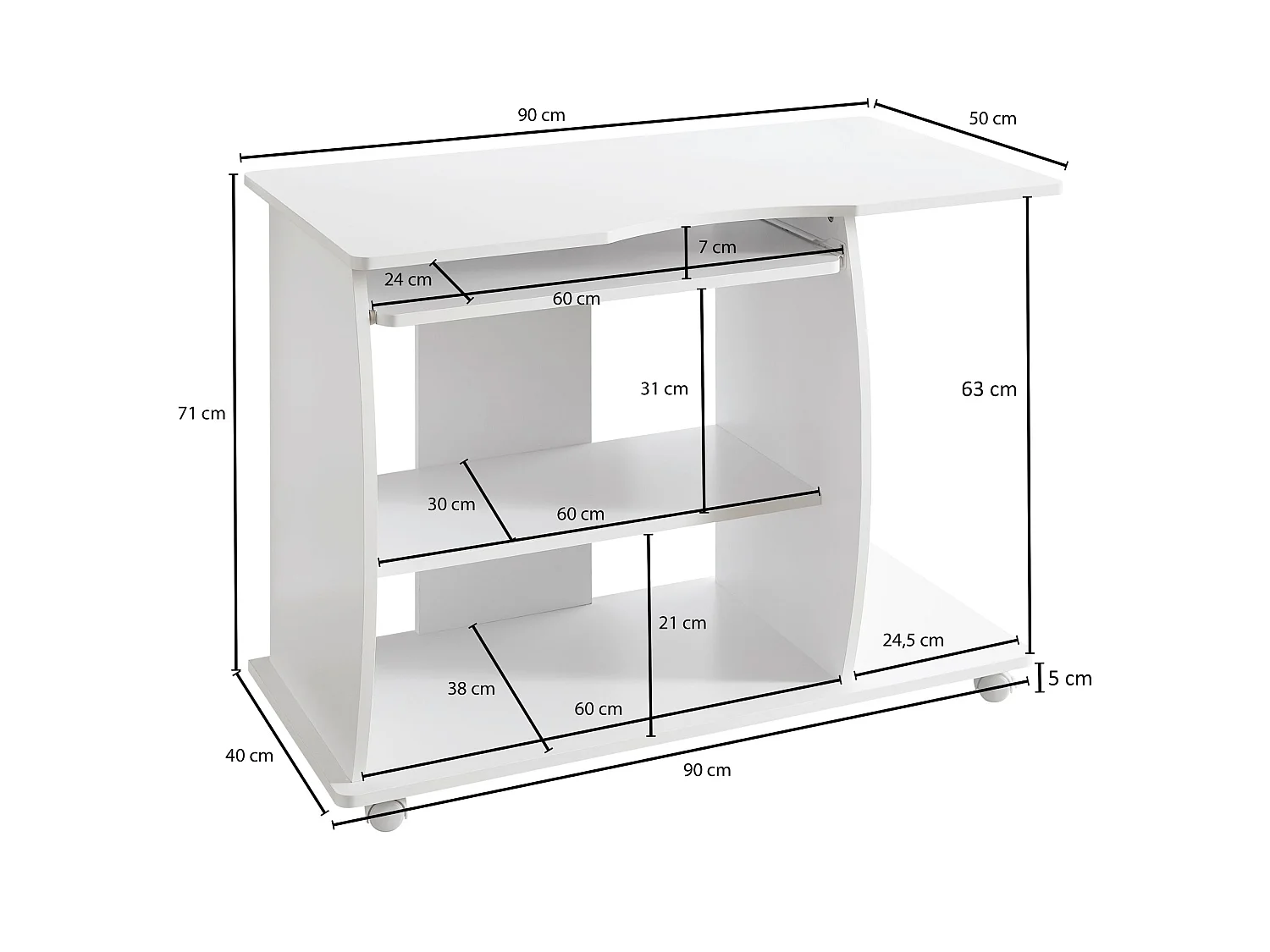 Scrivania Ufficio 90 x 71 x 50 cm Bianco Legno Tavolo con ruote Moderna