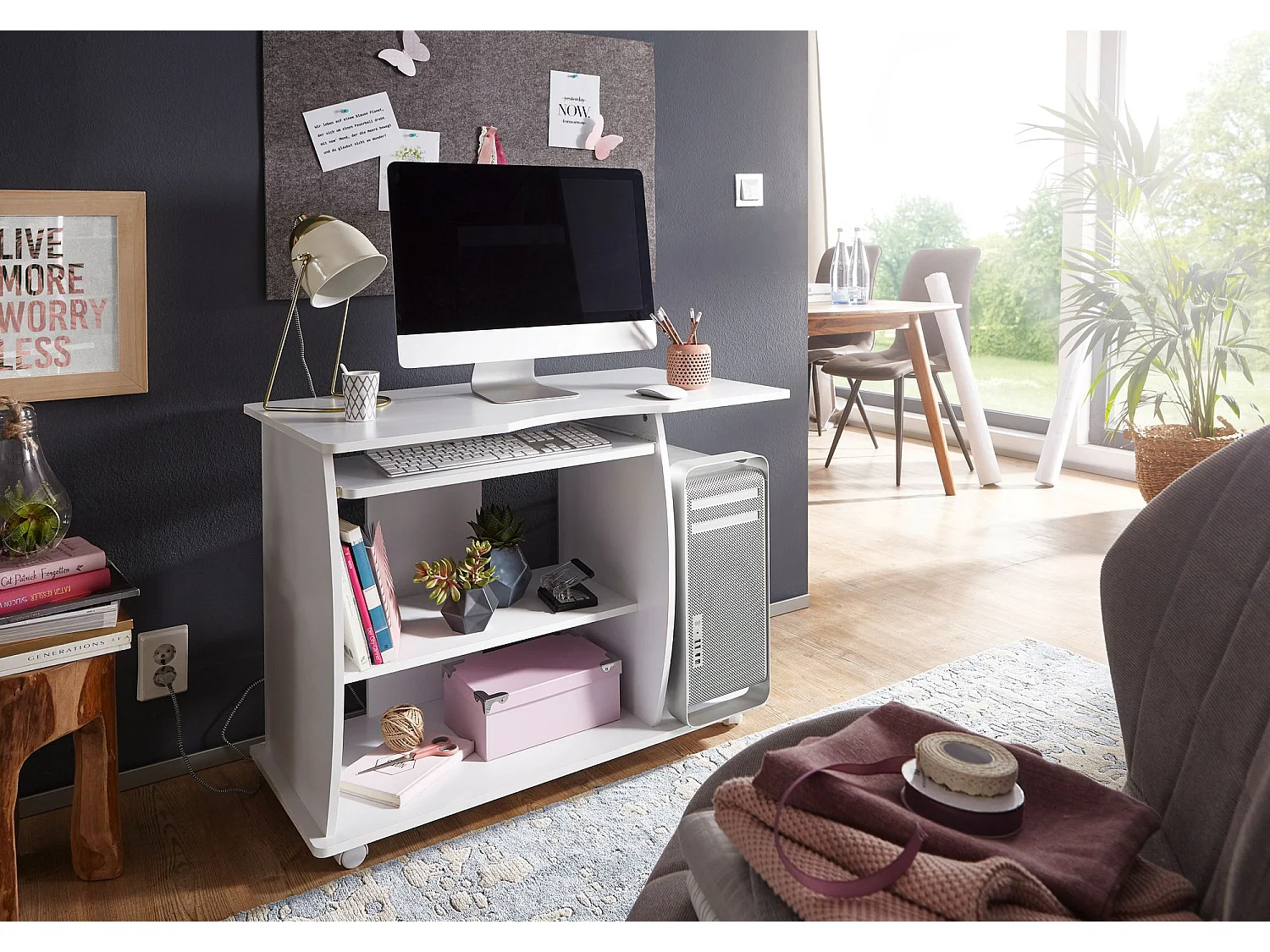 Scrivania Ufficio 90 x 71 x 50 cm Bianco Legno Tavolo con ruote Moderna