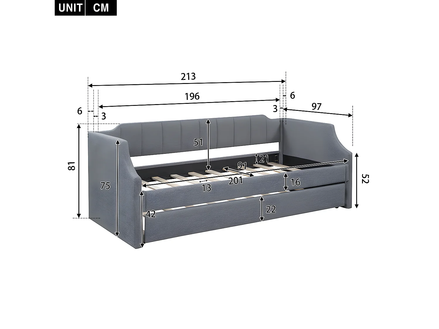 Lit adulte 90 x 200cm Lit de jour simple rembourré - Gris - Sweiko