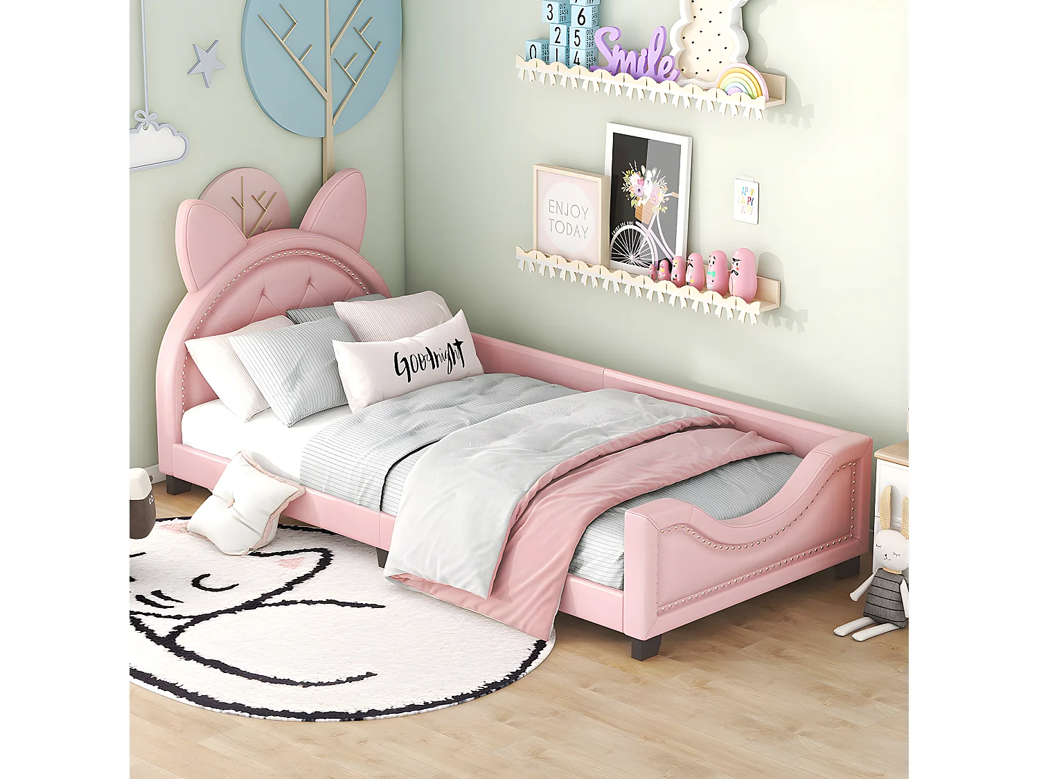 Lit enfant Lit simple 90 x 200 cm - avec dossier rose - Sweiko