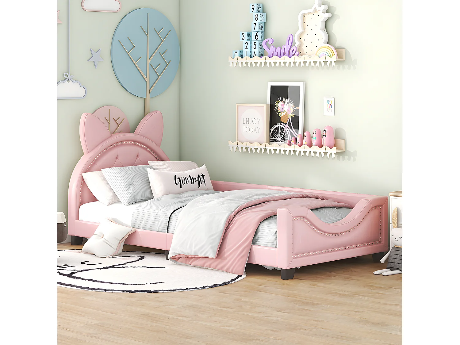 Lit enfant Lit simple 90 x 200 cm - avec dossier rose - Sweiko