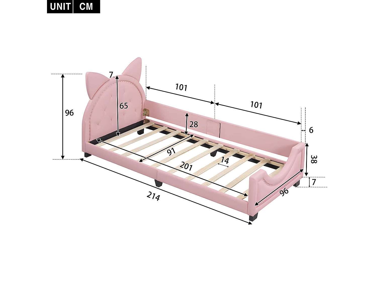 Lit enfant Lit simple 90 x 200 cm - avec dossier rose - Sweiko