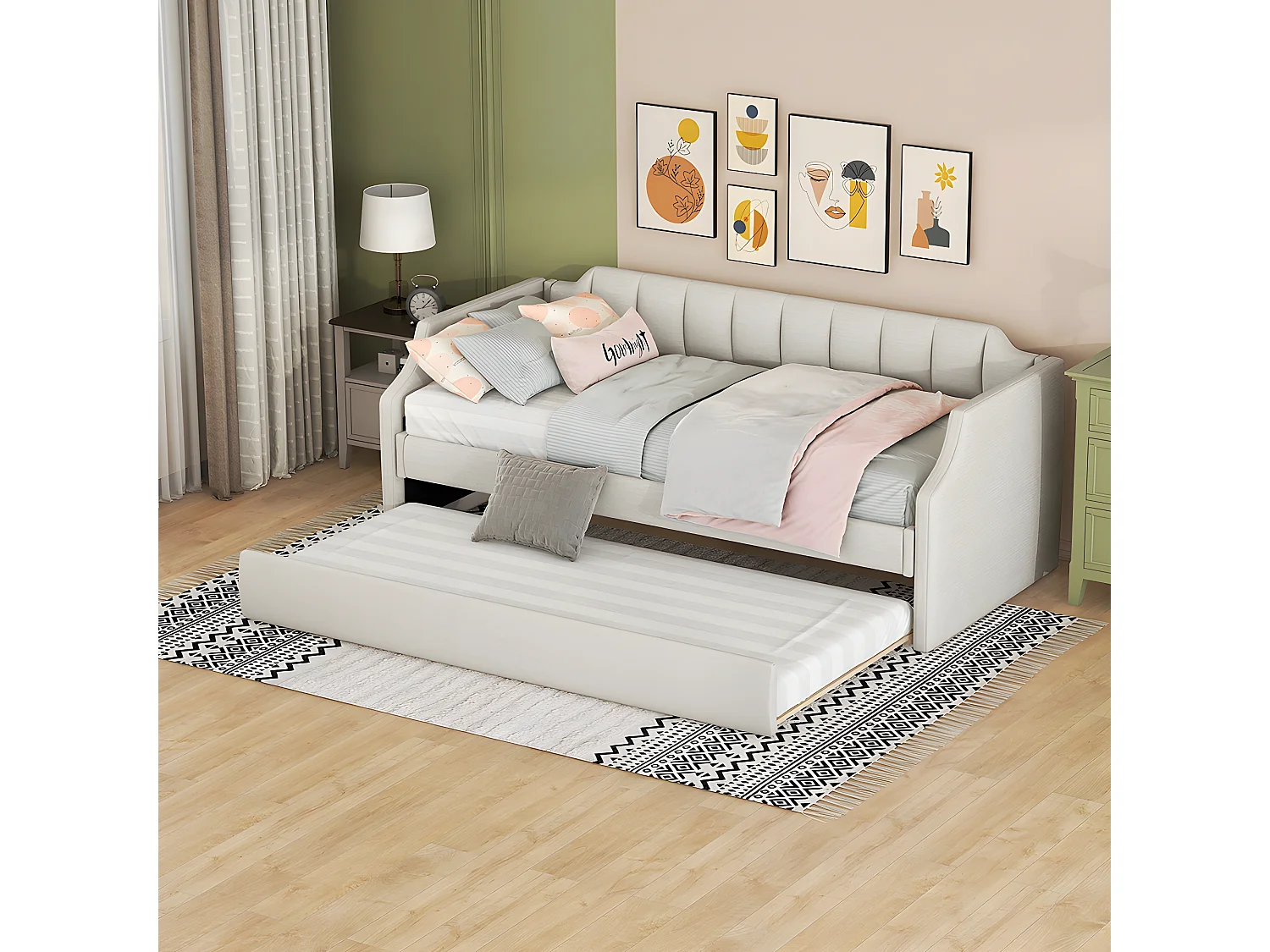 Lit adulte 90 x 200/190 cm - avec lit à roulettes Beige - Sweiko