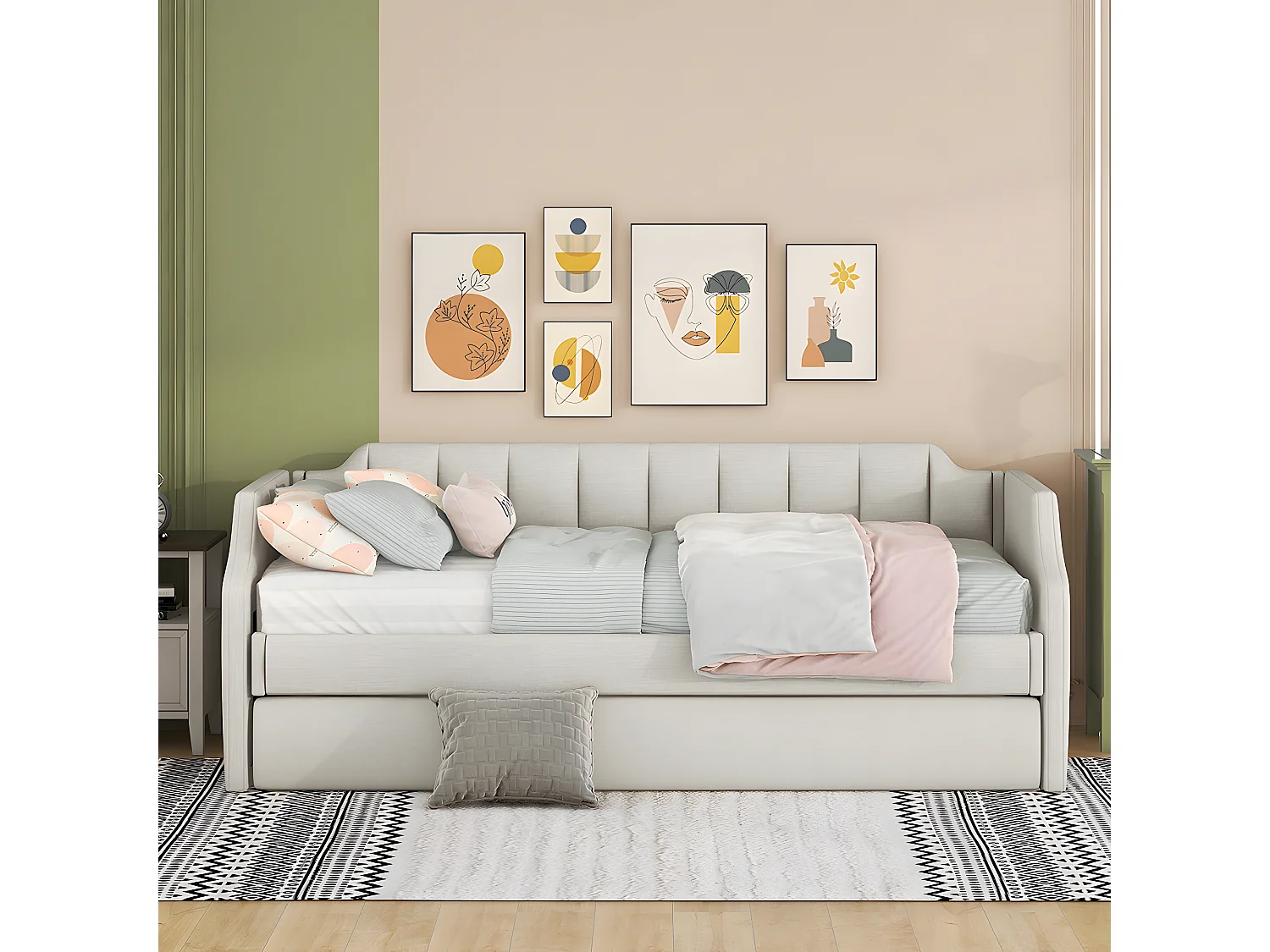 Lit adulte 90 x 200/190 cm - avec lit à roulettes Beige - Sweiko