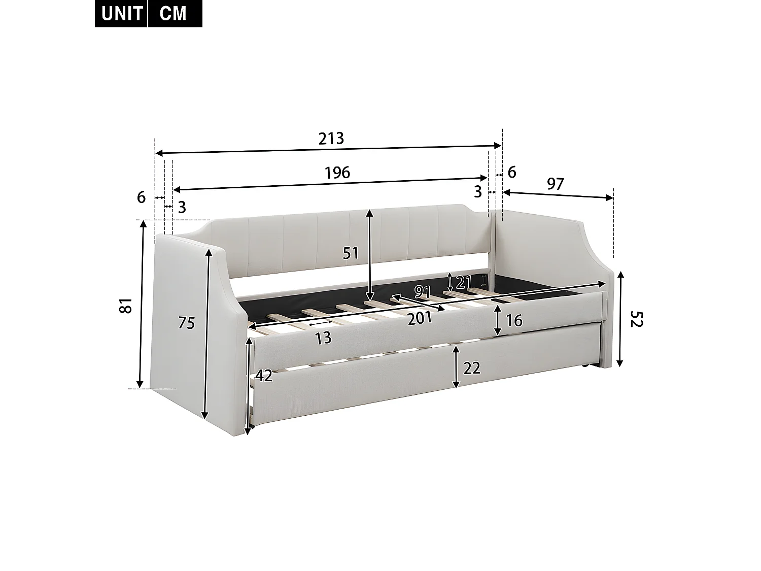 Lit adulte 90 x 200/190 cm - avec lit à roulettes Beige - Sweiko