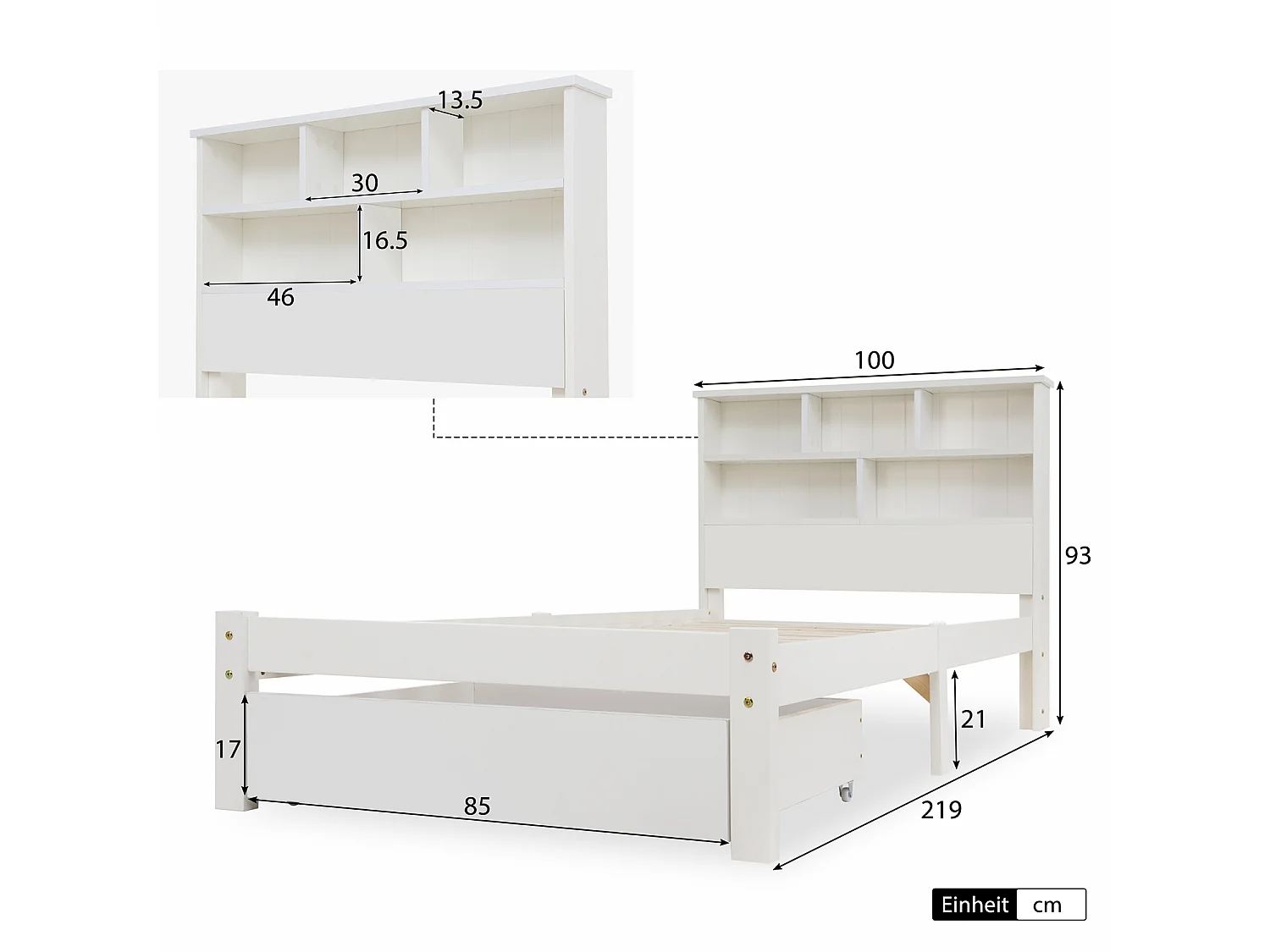 Lit adulte Lit 90x200cm - avec tiroirs et bibliothèque - blanc sans matelas - Sweiko