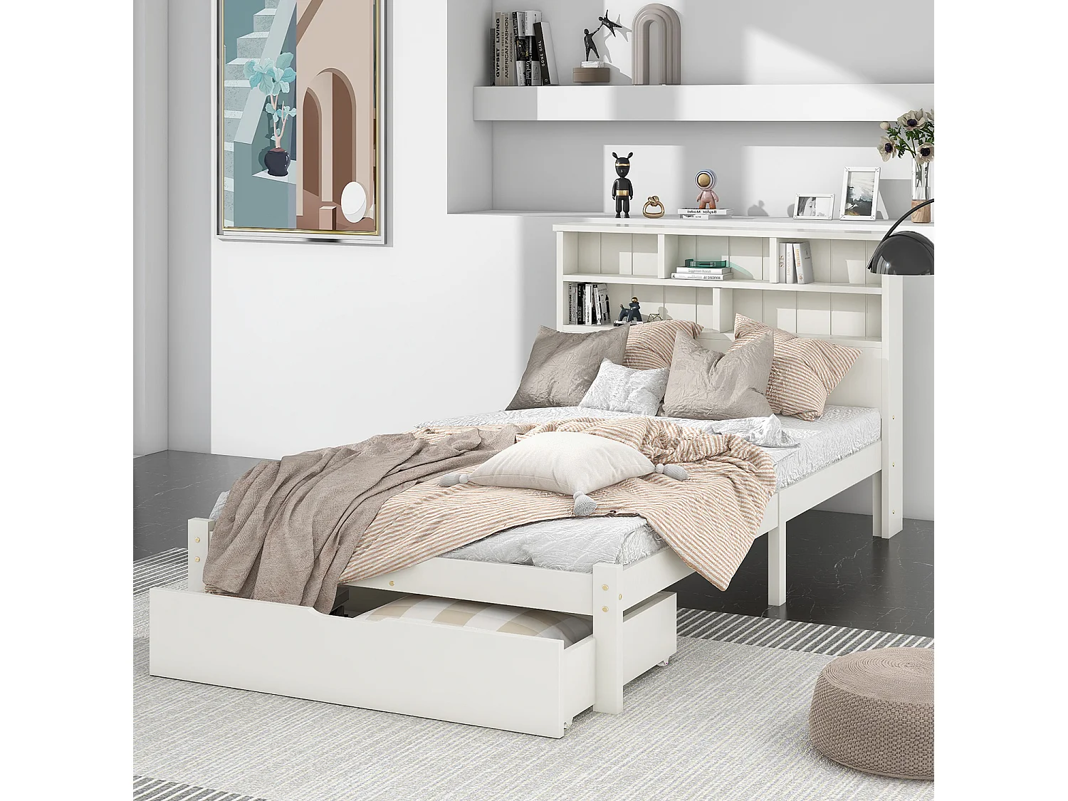 Lit adulte Lit 90x200cm - avec tiroirs et bibliothèque - blanc sans matelas - Sweiko