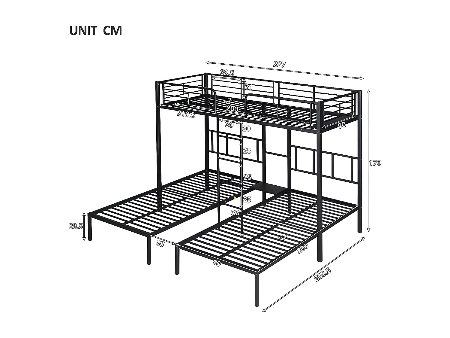 Lit cabane avec échelle pour enfants et table, Noir 90x200 cm - Sweiko