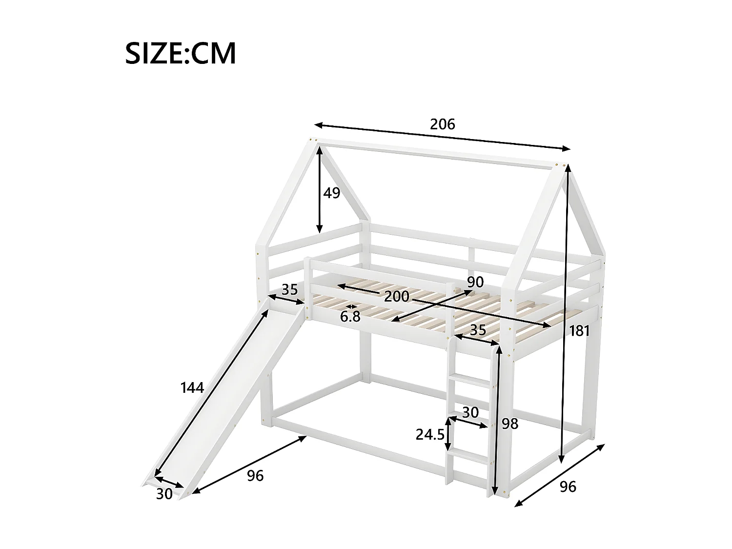 Lit cabane Lit simple superposé avec toboggan Blanc 90x200 cm - Sweiko