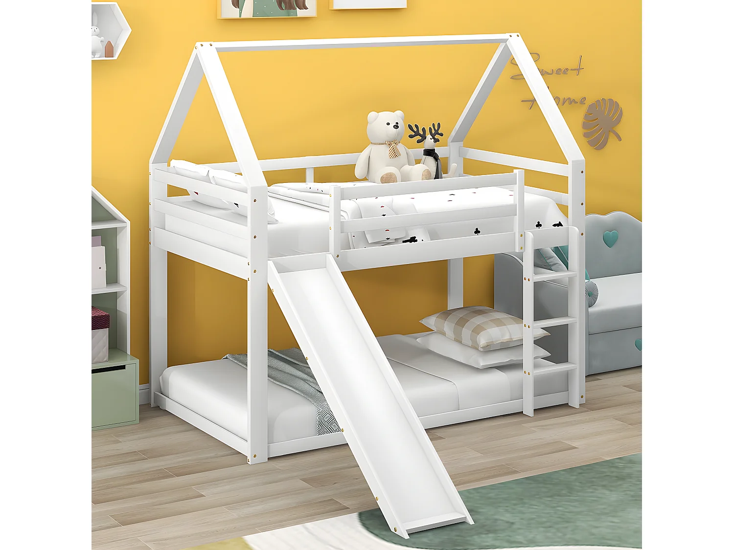 Lit cabane Lit simple superposé avec toboggan Blanc 90x200 cm - Sweiko