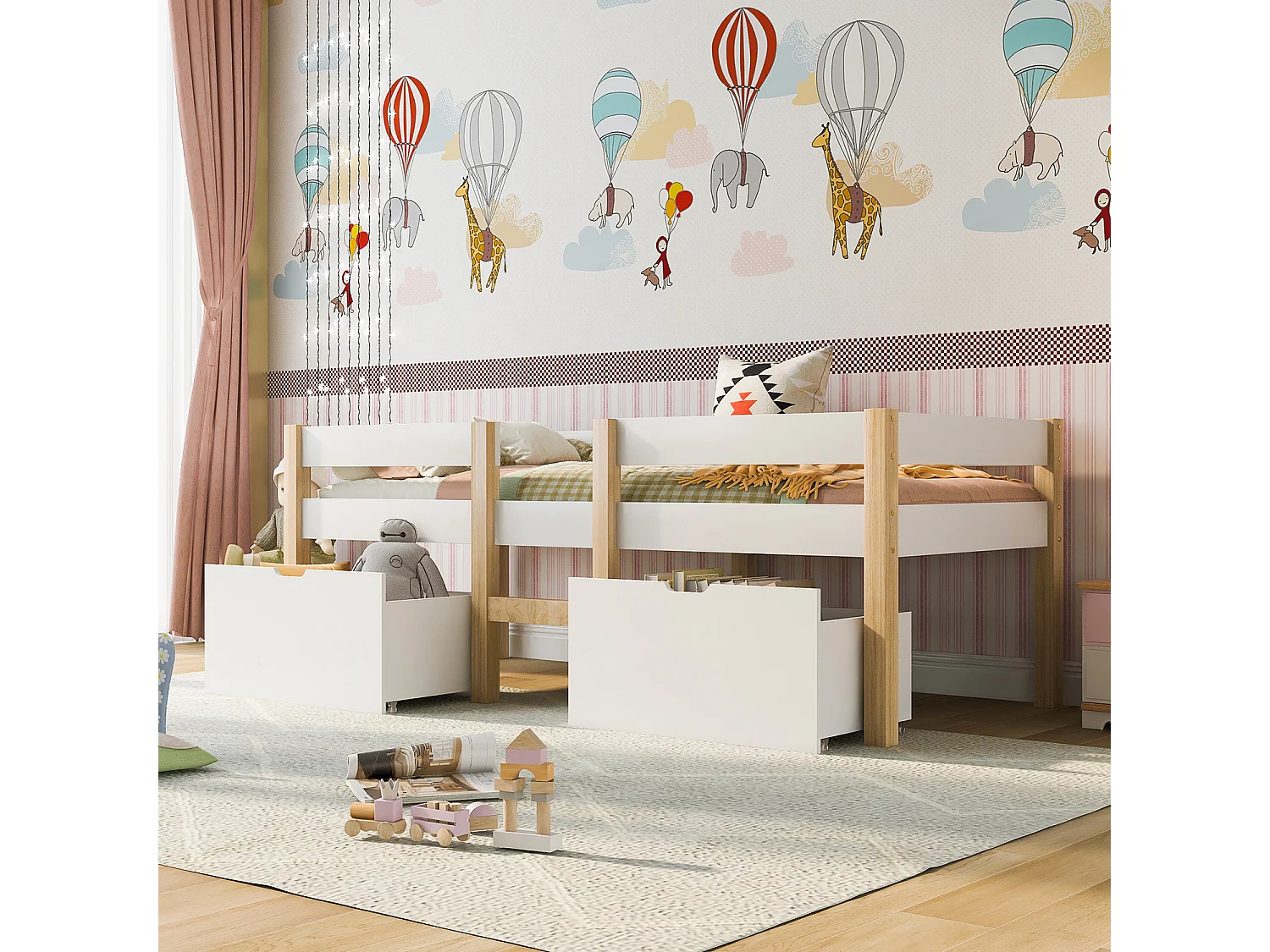 Lit cabane avec protection - 90x190 cm - blanc & chêne 2 Tiroir de lit - Sweiko