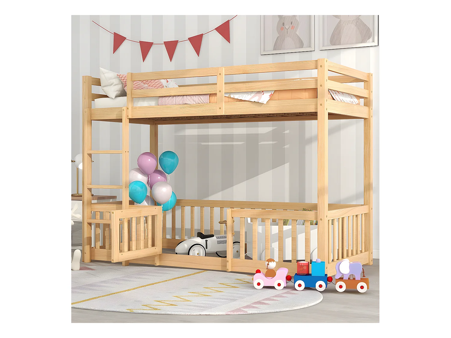 Lit cabane avec barrières et petites portes lit d'enfant naturel (200x90 cm) - Sweiko