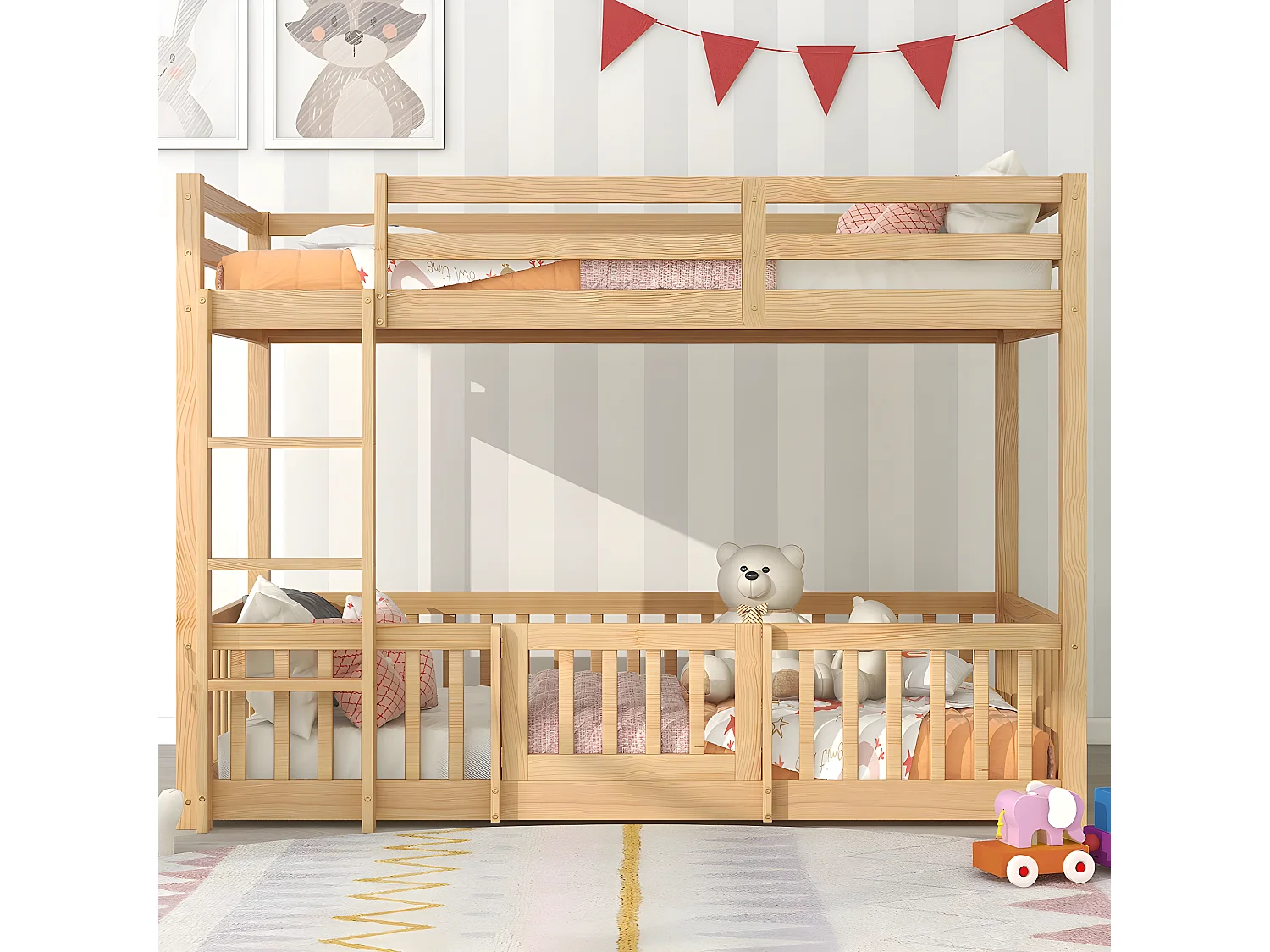 Lit cabane avec barrières et petites portes lit d'enfant naturel (200x90 cm) - Sweiko