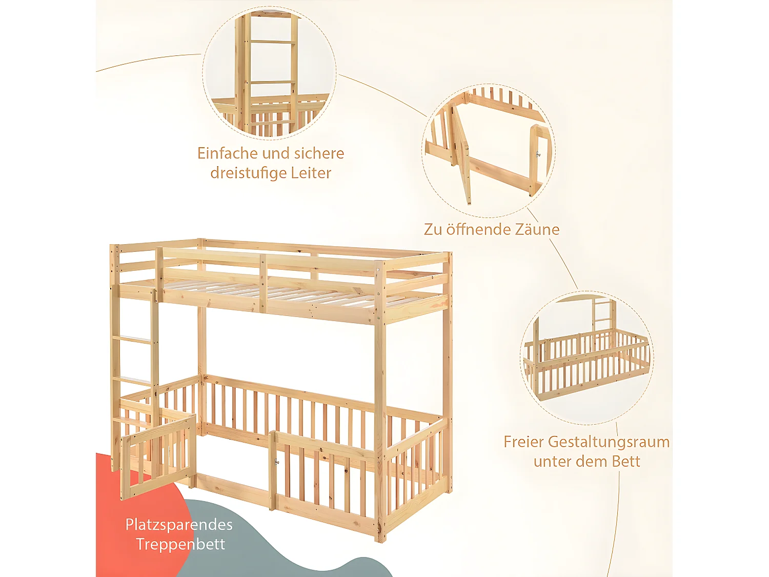 Lit cabane avec barrières et petites portes lit d'enfant naturel (200x90 cm) - Sweiko