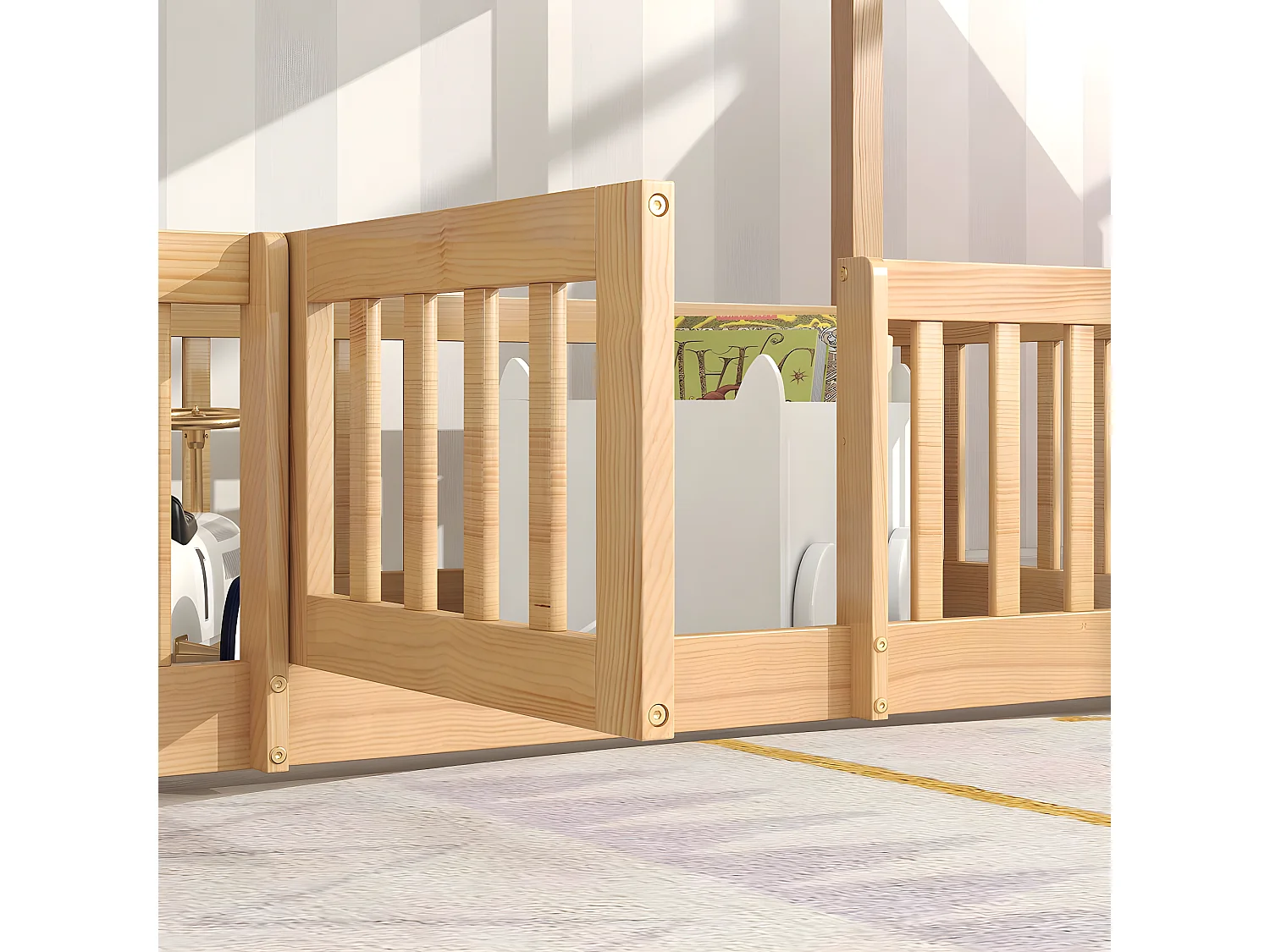 Lit cabane avec barrières et petites portes lit d'enfant naturel (200x90 cm) - Sweiko