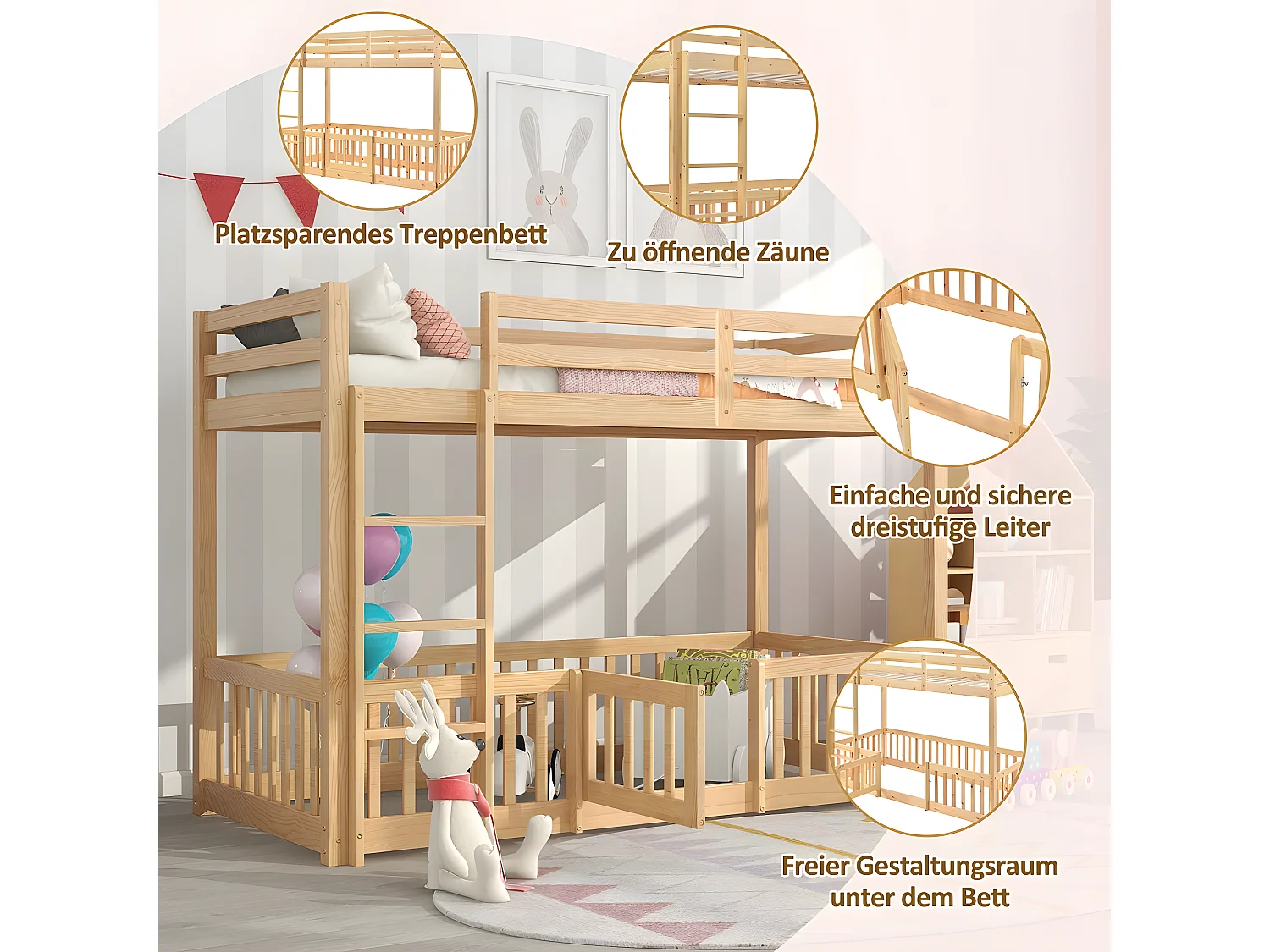 Lit cabane avec barrières et petites portes lit d'enfant naturel (200x90 cm) - Sweiko