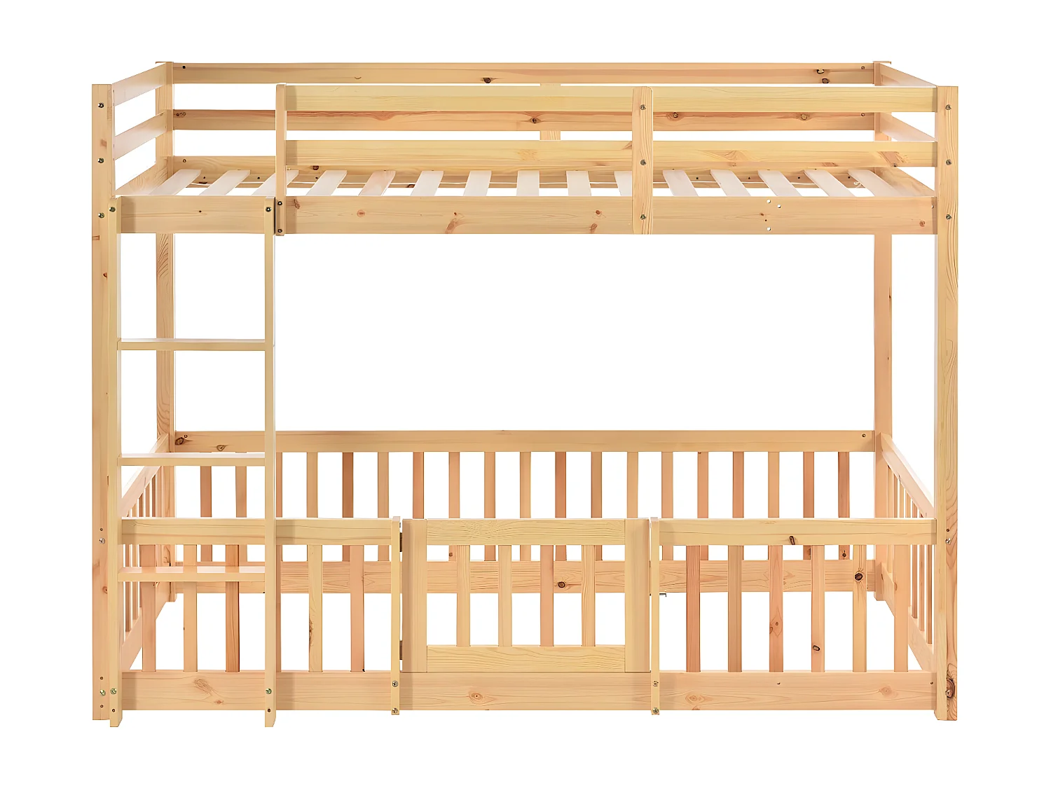 Lit cabane avec barrières et petites portes lit d'enfant naturel (200x90 cm) - Sweiko