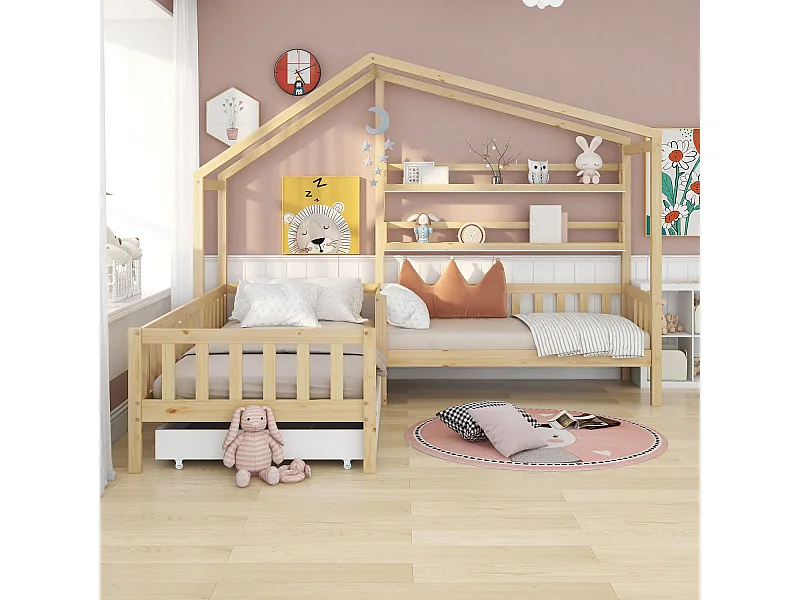 Lit cabane avec tiroirs et étagères, bois massif - 90x200 cm - Sweiko