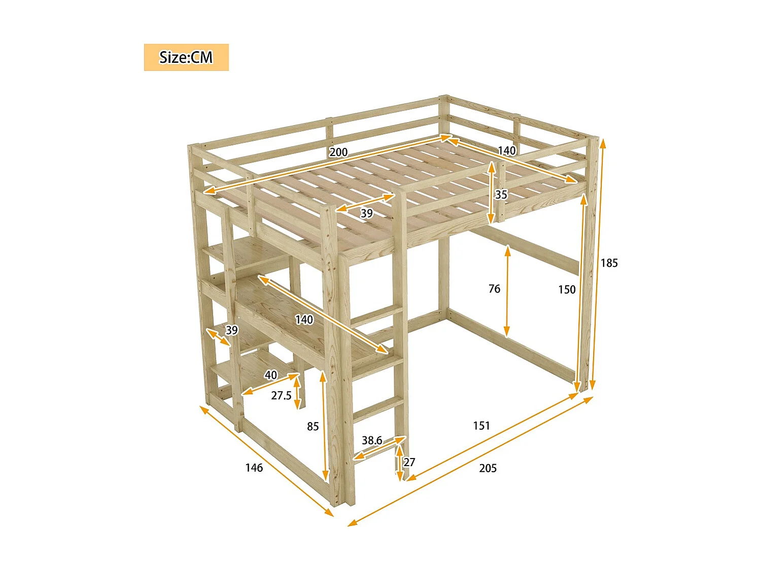 Lit cabane 140 X 200 cm - avec espace de rangement - naturel - Sweiko