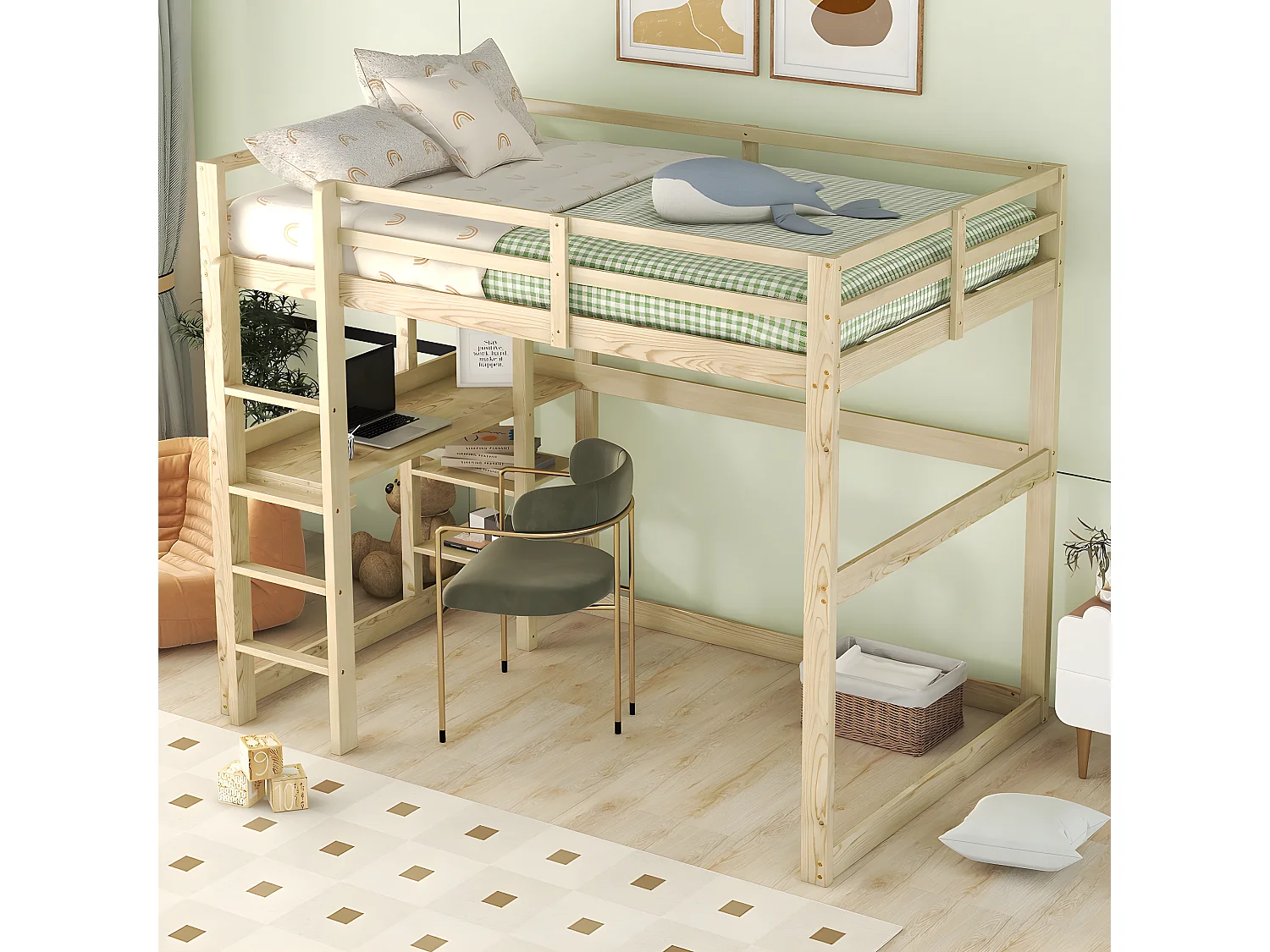 Lit cabane 140 X 200 cm - avec espace de rangement - naturel - Sweiko