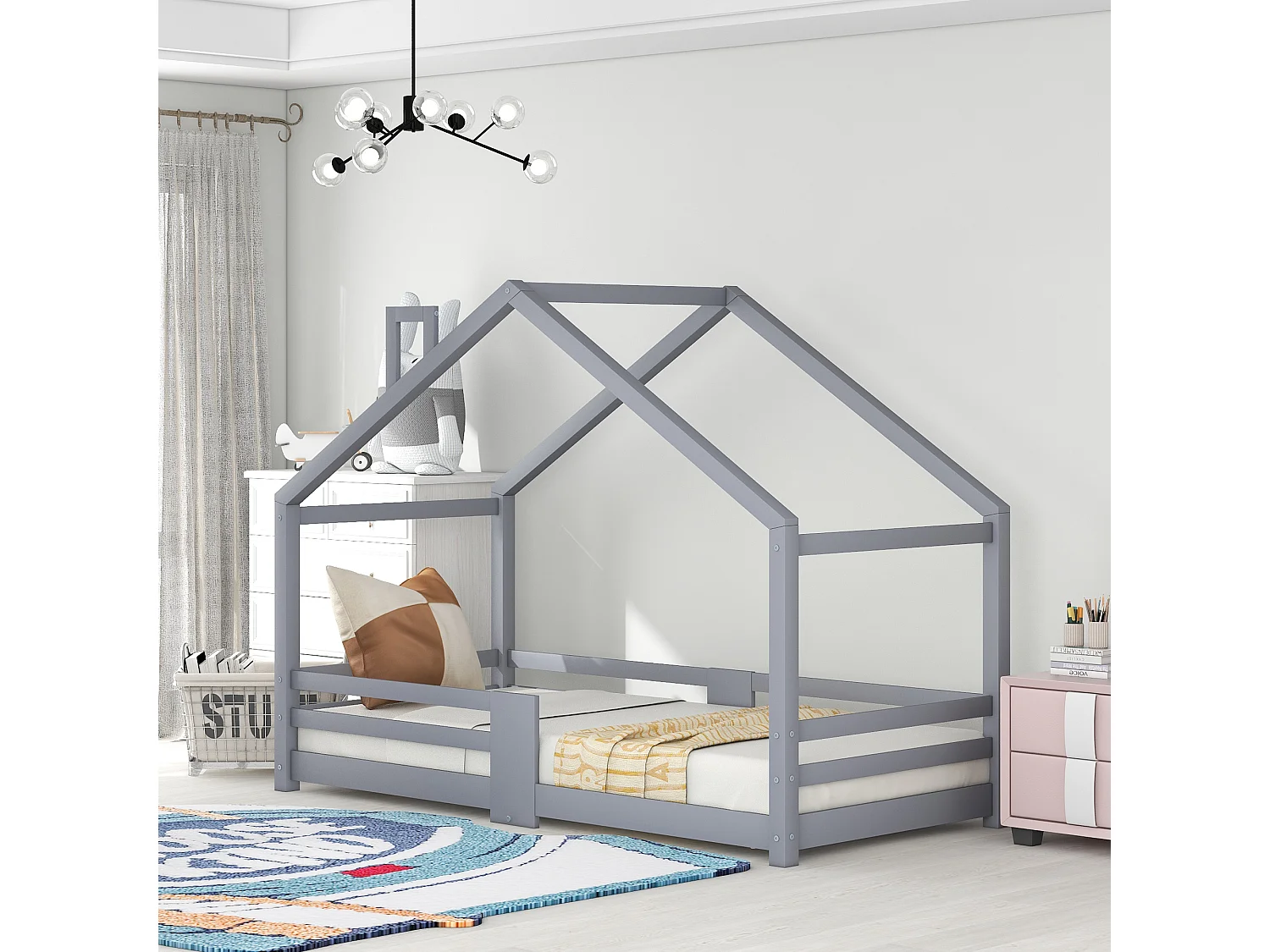 Lit cabane avec cheminée en pin Maison Lit - 90 x 200 cm sans matelas, gris - Sweiko