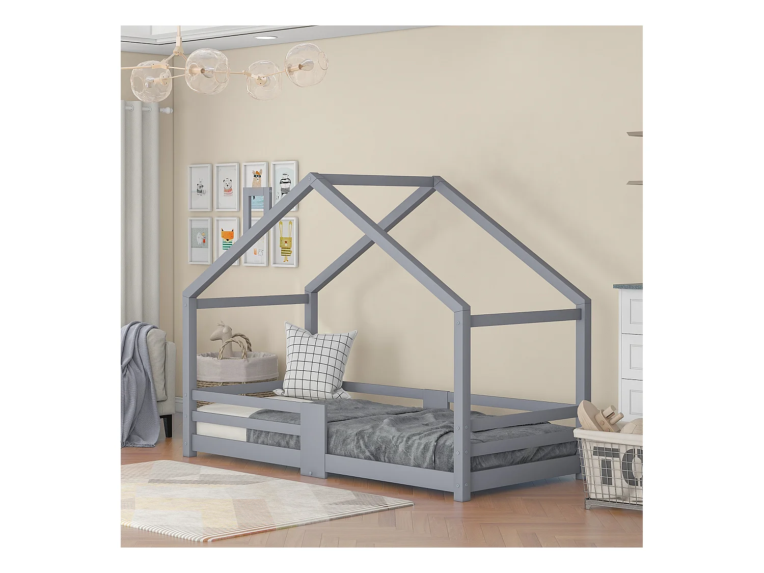 Lit cabane avec cheminée en pin Maison Lit - 90 x 200 cm sans matelas, gris - Sweiko